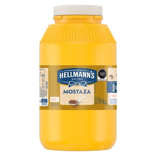 Hellmann's® Mostaza 3,78 Kg - Hellmann's® Mostaza es un salsa empleada para condimentar y aderezar una gran cantidad de platillos y preparaciones como hamburguesas, sándwiches, aderezos y muchos más; ya sea directo o mezclado con otros ingredientes. Puede emplearse también para marinar carnes o como base para otras salsas.